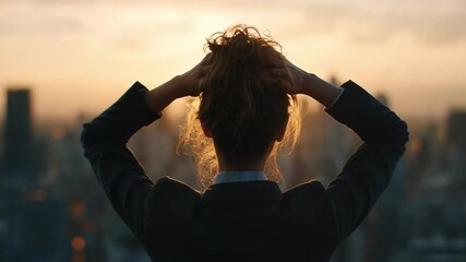 Woman on a Rooftop: A businesswoman stands tall, gazing out at a cityscape during sunrise, embracing a moment of clarity and inspiration.