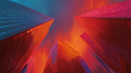 Urban skyscrapers at sunset, vibrant colors