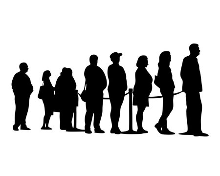 People Waiting in Line Silhouettes Set, Standing Crowd in Queue 
