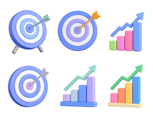 3D illustrations of targets and upward trending bar graphs, symbolizing achievement and growth