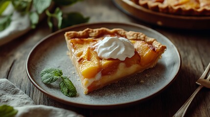 Slice of Peach Pie with Whipped Cream and Mint Garnish