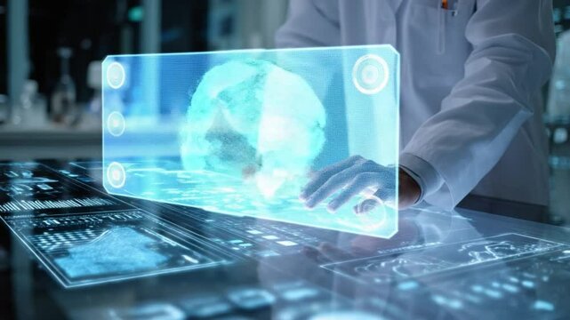Future Forward: An expert in a lab coat interacts with an augmented reality interface, demonstrating advanced technology and scientific innovation.