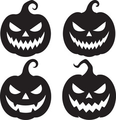 Halloween pumpkin face set with evil smile in flat black silhouette vector illustration bundle