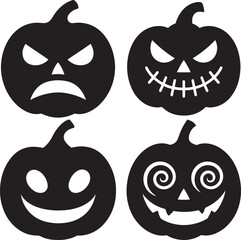 Expressive Halloween pumpkin face set with fun and spooky look in flat black silhouette vector illustration