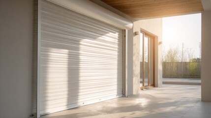Modern, white security shutter door.  Exterior view of a home