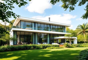 Modern house, expansive glass windows, lush greenery surrounds, green building, outdoor