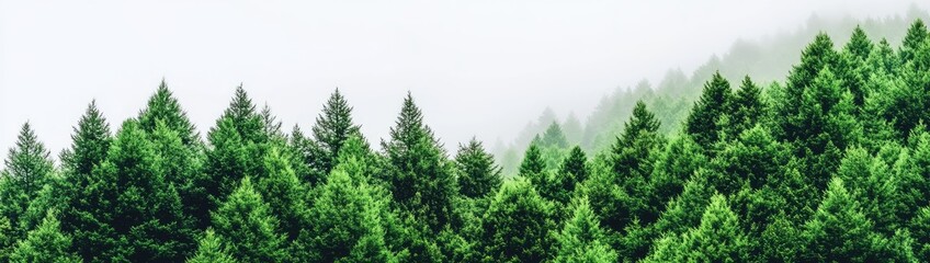 Obraz premium A misty, serene forest with towering evergreen trees, creating a sense of tranquility