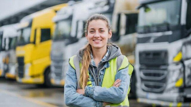 Confident Truck Driver: A smiling female truck driver stands confidently with her arms crossed, in front of a row of large semi-trucks.