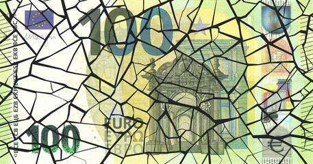 Broken 100 euro note of European Union. Economic collapse and inflation. Cracks and fragments. Split banknote. One hundred. Illustration