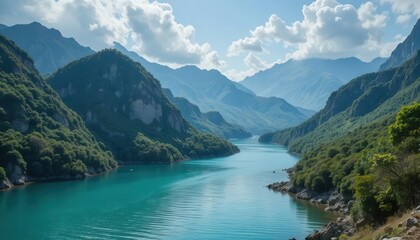Serene Mountain River Flowing Through Lush Valley