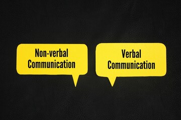Colored paper with the words Difference Between Verbal and Nonverbal Communication. involves using words, sounds, and written language to express thoughts and ideas, while nonverbal communication uses