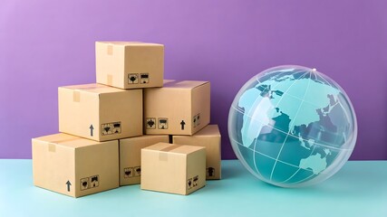 Boxes with globe and international delivery of goods and products. logistics, infrastructure hubs. global business, import, export. economic relations. cargo air transportation concept.
