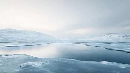 Obraz premium Serene, frozen lake reflects a pale sky amidst snow-covered, rolling hills under a muted, overcast winter light