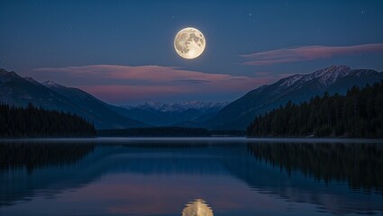 Full moon over still lake reflecting in water with mountains and trees in the background at night