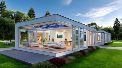 Sustainable Home Design with Solar Panels, Modern Architecture, and Green Landscape.