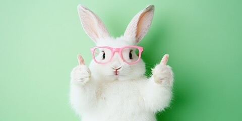 A white rabbit wearing pink glasses gives a thumbs up with both paws against a green background