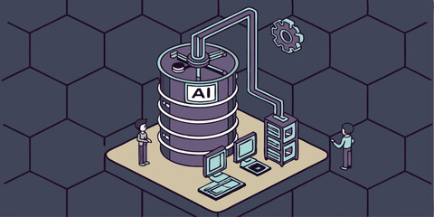 Ai data processing concept featuring people and technology on white background