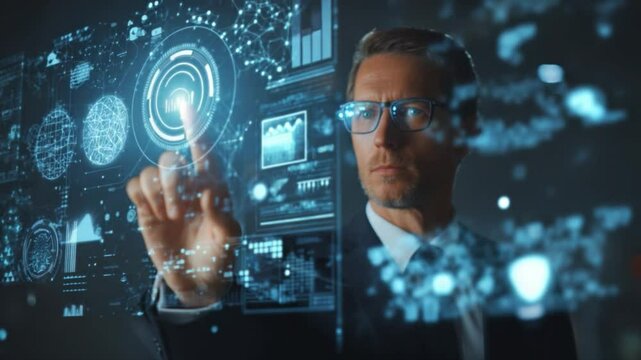 Innovation at the Fingertips: A focused individual in a high-tech environment, interacting with a futuristic interface, the embodiment of technological progress and data manipulation.