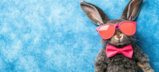 A gray bunny with pink sunglasses and a bow tie lies on a blue background