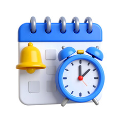 3D render of a calendar, alarm clock, and bell, symbolizing scheduling and reminders