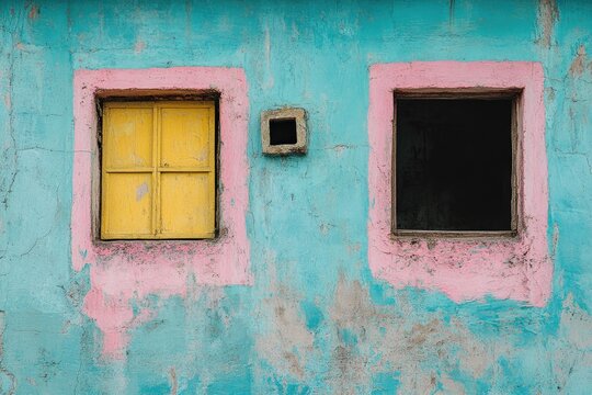 Vibrant teal wall with two framed windows, one with a yellow shutter, the other empty