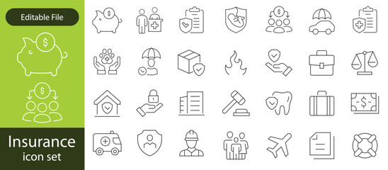 Insurance thin line icons set. Insurance editable stroke symbols collection. Life, car, house, care, money, pet insurance editable stroke icon. Vector illustration