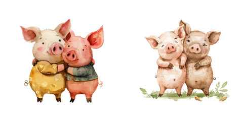Fototapeta premium cute couple pigs watercolor vector illustration