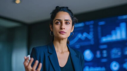 Beautiful Indian businesswoman with confidence smiling with technology background, - Powered by Adobe