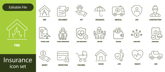 Insurance thin line icons set. Insurance editable stroke symbols collection. Life, car, house, care, money, pet insurance editable stroke icon. Vector illustration