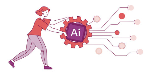 Creative illustration of an illustrator gear and woman connecting to ai system