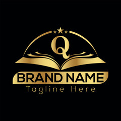 Elegant vintage gold crown emblem with ribbon and shield design for business quality label or VIP badge education Q logo design