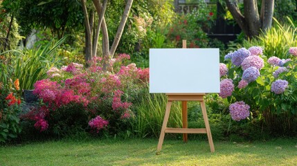 Blank canvas easel in a vibrant garden setting