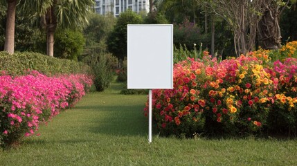 Blank sign in a park with flowers