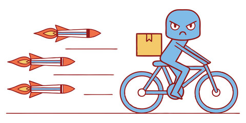 Fototapeta premium Fast delivery man on bicycle with rockets cartoon illustration scalable vector graphic