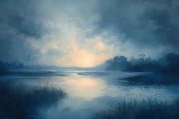 Obraz premium Serene lake landscape at dawn misty calm over tranquil waters soft blue and gold hues peaceful nature scene breathtaking view dreamy atmosphere