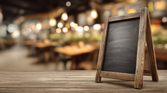 Rustic chalkboard menu board on a wooden table in a cafe setting