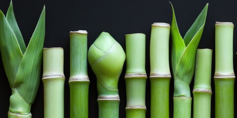 Obraz premium Green bamboo stalks and leaves arranged on a black background