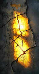 Cracked concrete wall, sunlit fissure