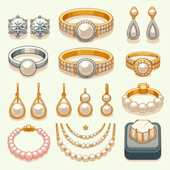 Various jewelry in vector: diamond rings, earrings, pearl necklaces, and gold bracelets.