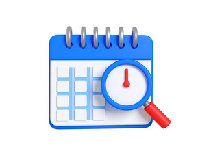 3D render of calendar with magnifying glass, signifying time management