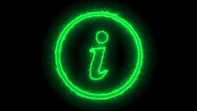 Glowing neon information sign. Glowing i sign button.