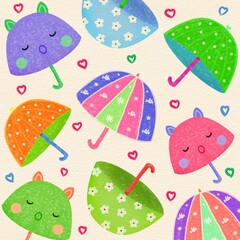 Brightly colored umbrellas with floral patterns and cute faces, arranged on a soft beige background with heart accents.