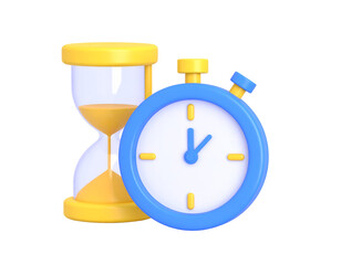 3D render of hourglass and stopwatch symbolizing time management