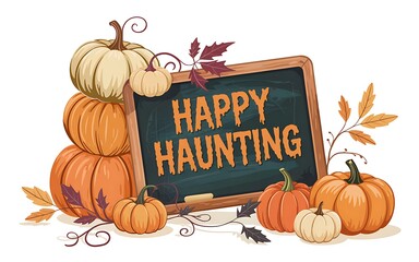 Happy Haunting Halloween Still Life with Pumpkins and Autumn Foliage