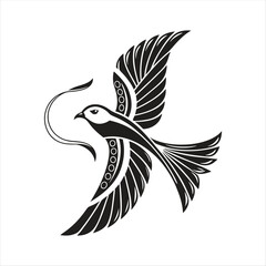 Elegant Black Bird with Intricate Swirling Floral Patterns.