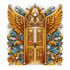 Golden ornate temple door knocker with intricate Thai Buddhist art and ancient architectural details