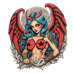 vector illustration of a beautiful athletic female demon with angel wings