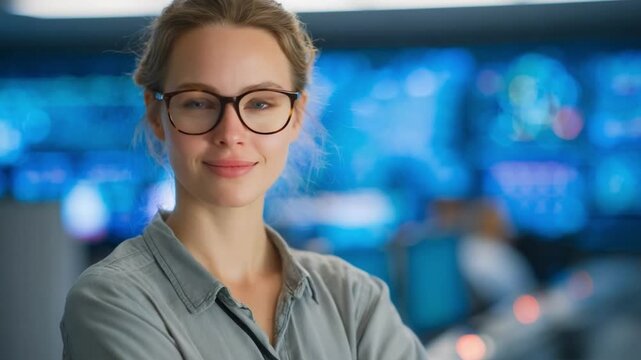 Professional Woman in Technology: A portrait of a professional woman, dressed in business attire, with eyeglasses, posing in front of high-tech screens.