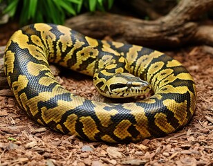Fototapeta premium Tiger python. snake beautiful in serpentarium.