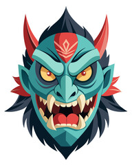 Obraz premium terrifying tengu mask with broken nose and sharp fangs, spiritual aura and traditional motifs, vector on white 